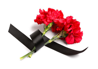Two red carnations and black ribbon on white background