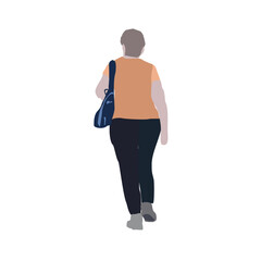 A plump elderly woman walks down the street in summer clothes. 2D image to use as entourage. Flat city vector infographic.
