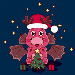 Dragon symbol of 2024. Cute Chinese dragon horoscope sign. Cartoon illustration. Symbol of the 2024. Chinese New Year animal sign. Chinese Zodiac. Sign Dragon with Santa Claus hat