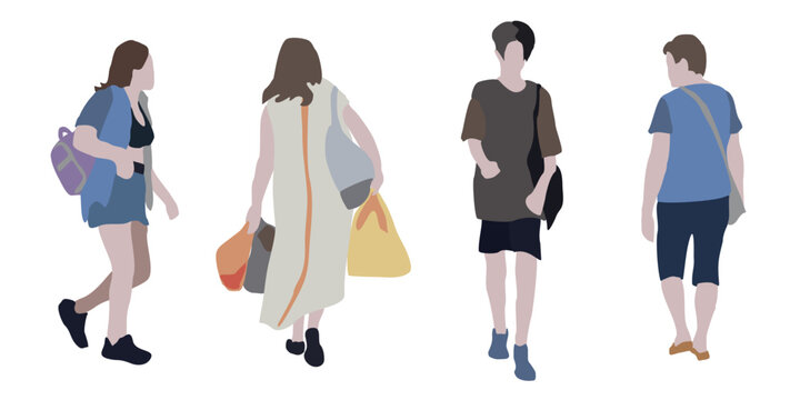 Set of drawings of people on the street in summer clothes. 2D image for use as an entourage. Vector flat city infographics.