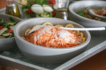 Various food served on a buffet line