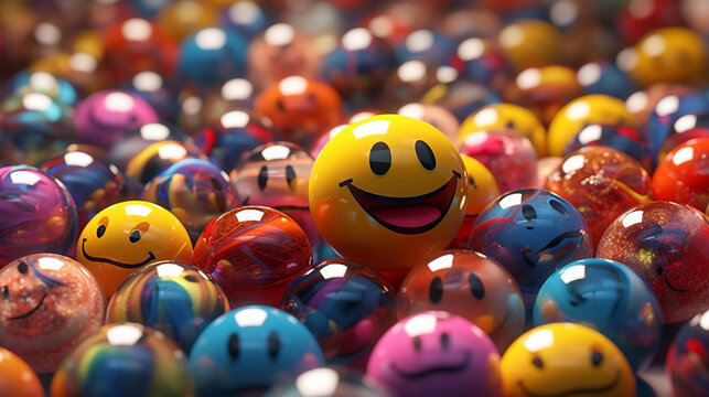 Naklejki Colorful kids stress plastic balls emotional smiley face background AI Generated image