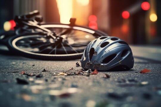 Urban scene with a bike crash road accident lying on the ground, with broken bike and helmet in the middle of the city. Bike crash road accident . Generative AI