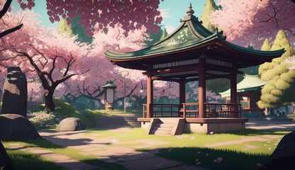 Obraz premium Japanese garden style colorful cartoon artwork park pictures AI Generated image