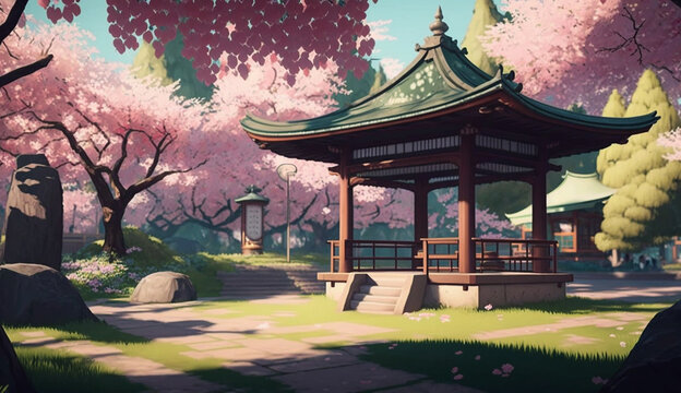 Japanese garden style colorful cartoon artwork park pictures AI Generated image