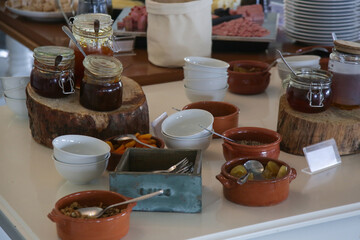 Various food served on a buffet line