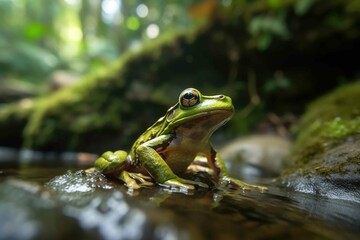 A close-up view of a green frog floating in a rainforest. Created with Generative Ai technology.