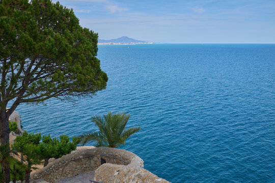 View of the Mediterranean Sea from the garden in the medieval castle of Peniscula.