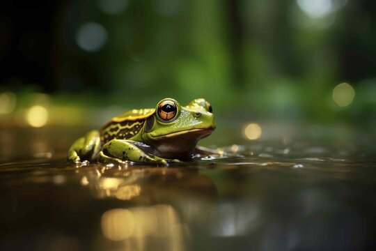 A close-up view of a green frog floating in a rainforest. Created with Generative Ai technology.