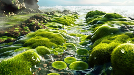 Fototapeta premium Algae that dominates the ocean due to pH changes and imbalance in the aquatic ecosystem. The role of algae in the ocean ecosystem. The concept of environmental damage and climate change