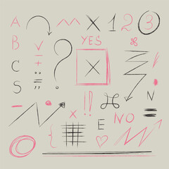 Hand drawn doodle pencil imitation with signs and symbols. Abstract set with shapes, letters, numbers, spots, signs, scribbles, strokes, hearts, zigzags, dots, arrows, question marks.