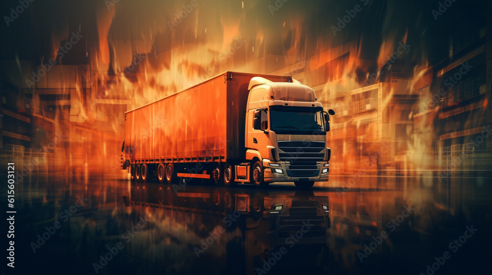 Wall mural  truck filled with the double exposure with landscapes and cities