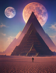 Several modern pyramids in the desert standing one behind the other. Image generated by AI