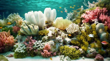 Naklejka na ściany i meble Coral reef showing clear signs of bleaching. The negative impact of changing the pH of ocean water on its health and color. The concept of environmental damage and climate change