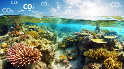 Carbon dioxide emissions and Ocean acidification concept. Environmental change, water acidification, ocean plastic pollution, carbon dioxide absorption, seawater contamination