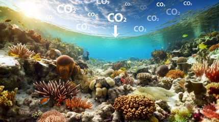 Carbon dioxide emissions and Ocean acidification concept. Environmental change, water acidification, carbon dioxide absorption and seawater contamination