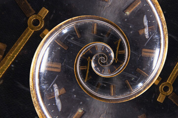 A retro analog clock spiraling into itself. Twisted watch dial. Time managment
