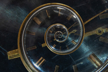 A retro analog clock spiraling into itself. Twisted watch dial. Time managment