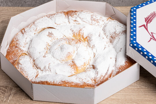 Majorcan "ensaimada de Mallorca" box. Typical cardboard box for travel of ensaimada from Mallorca