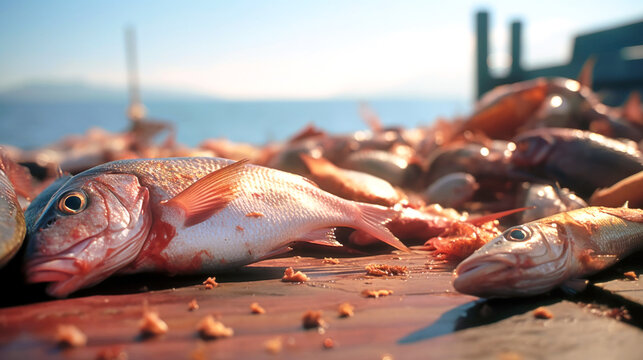 Dead catches on a fishing ship. Negative impact of Ocean acidosis on fish populations and commercial activities. The concept of environmental damage and climate change. Close up