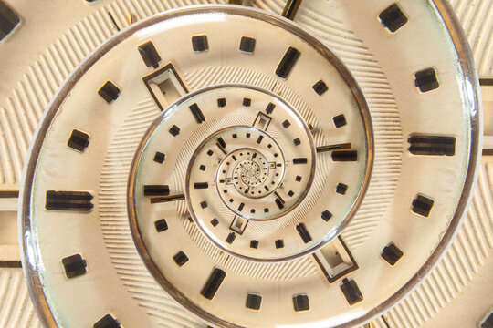 A retro analog clock spiraling into itself. Twisted watch dial. Time managment