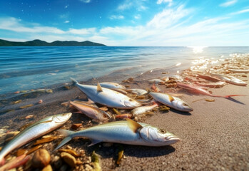 The fish suffer from deformities and diseases. Dead fish on the seashore. The negative impact of ocean acidosis on fish populations and fishing activities.Concept of ocean pollution and climate change - obrazy, fototapety, plakaty