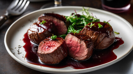 A plate of tender beef fillet medallions, perfectly cooked and drizzled with a rich red wine sauce