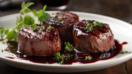 Fototapeta na wymiar A plate of tender beef fillet medallions, perfectly cooked and drizzled with a rich red wine sauce