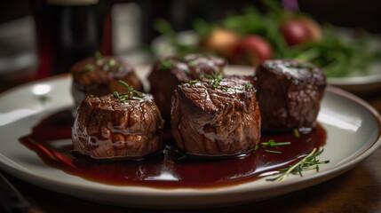 Fototapeta na wymiar A plate of tender beef fillet medallions, perfectly cooked and drizzled with a rich red wine sauce