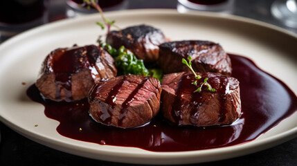 A plate of tender beef fillet medallions, perfectly cooked and drizzled with a rich red wine sauce
