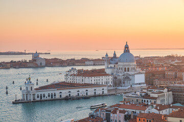 The Santa Maria della Salute basilica in Venice, view from the St. Mark's Campanile tower at...