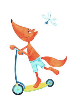 Fox on a scooter. Watercolor illustration, children's poster.