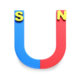 Horseshoe shaped magnet with North and South poles on white background