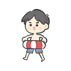 happy little boy with inflatable lifebuoy. on White Background.