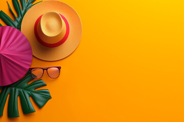 Summer background with hat and tropical leaf on yellow background. Generative ai