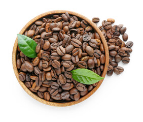 Bowl with coffee beans on white background