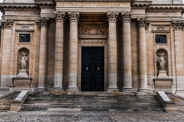 Architectural fragments of Paris Val-de-Grace Church at Place Alphonse Laveran. Сhurch and...