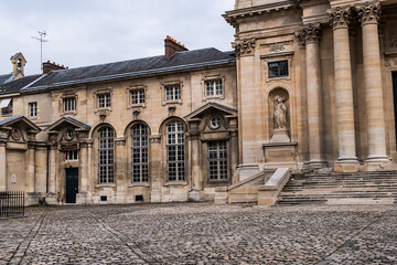 Architectural fragments of Paris Val-de-Grace Church at Place Alphonse Laveran. Сhurch and...