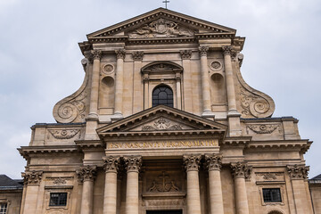 Architectural fragments of Paris Val-de-Grace Church at Place Alphonse Laveran. Сhurch and monastery of Val-de-Grace was built in middle of XVII th century by Queen Anne of Austria. Paris. France.