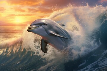 Dolphin jumps out of the wave at sea. Amazing sunset at the sea or ocean. Generative AI