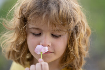 Boys face closeup. Funny child smelling summer flower. Kids head portrait. Closeup eyes of blonde...