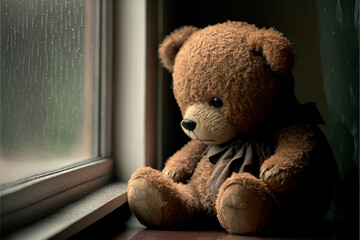 teddy bear sitting on a window, Teddy bear with sad face sitting by a window looking outside. image created with ai