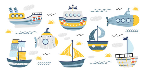Vector set of ships, submarines, boats. Doodle scandinavian style childish ship. Marine transport clipart. Collection of cute ships. White isolated background.   © Hanna Bykova
