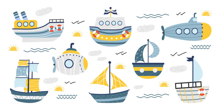 Fototapeta Vector set of ships, submarines, boats. Doodle scandinavian style childish ship. Marine transport clipart. Collection of cute ships. White isolated background.  