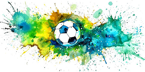 Soccer in colorful water splashes, on white background. Abstract white background with colored floating liquids and realistic soccer with colors of Brazilian flag.