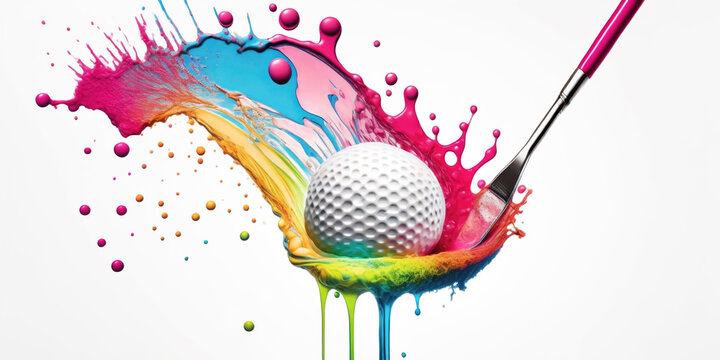 Golf ball in colorful water splashes, on white background. Generative AI