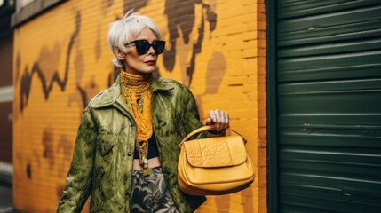 Street portrait of a fancy old woman doing some shopping. Generative AI illustration.