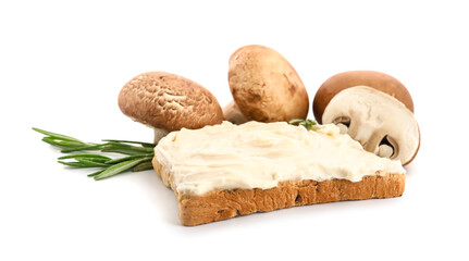 Tasty toast with cream cheese and mushrooms on white background