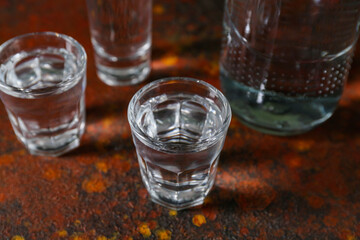 Glasses of vodka on grunge background