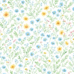 Fototapeta na wymiar Floral seamless pattern with daisies and green leaves and herbs. Great for textile print, background, handmade card design, invitations, wallpaper, packaging, interior. Generative AI.